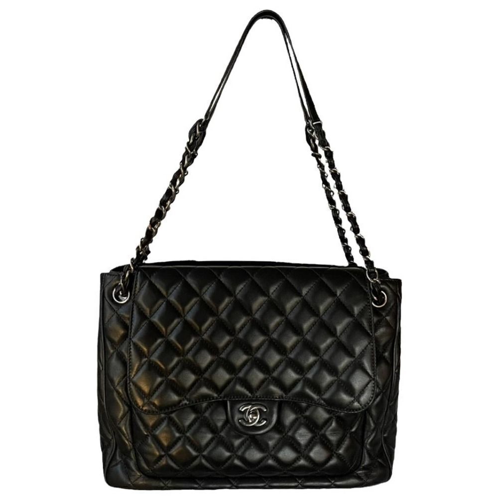 Chanel Lambskin Quilted Front Flap Tote Handbag Black All Inclusive